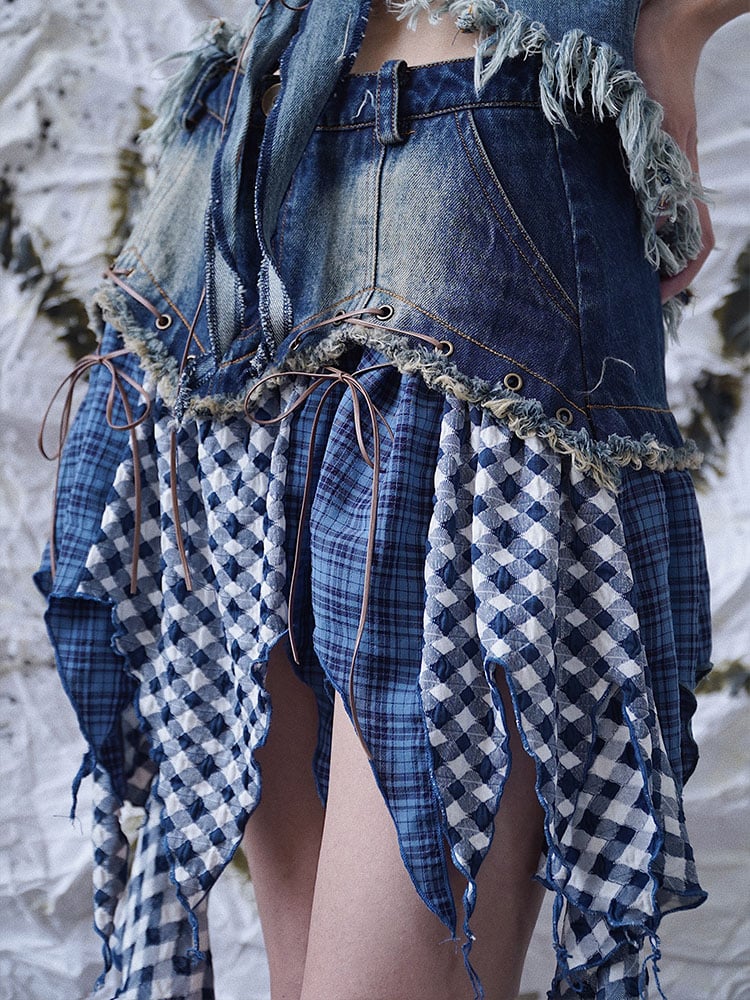 Punk Denim Patchwork Skirt with Lace-Up  Plaid Asymmetrical Hem Blue