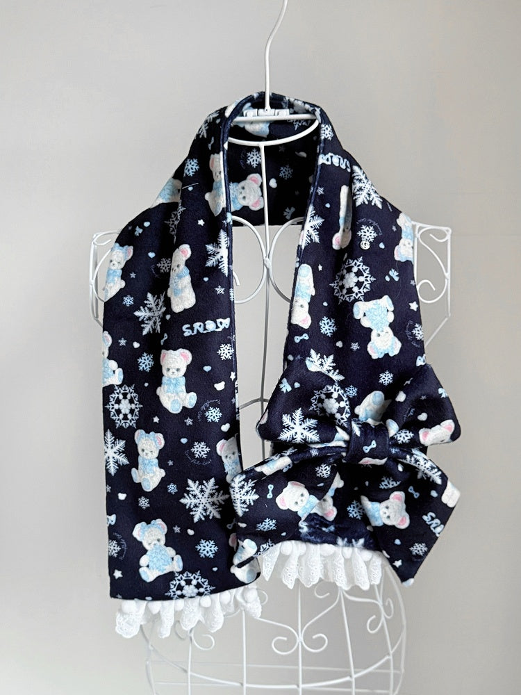 White / Black / Blue Bear and Snowflake Pattern Scarf