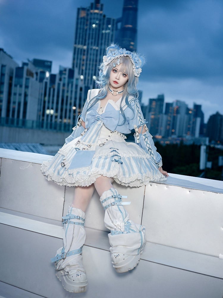 Kitty Light Bow Kaiwai Set Blaues JSK-Kleid Kurz geschnittenes Tenshi Lolita Sailor Striped Big Top Muster Ohren + - Kragen