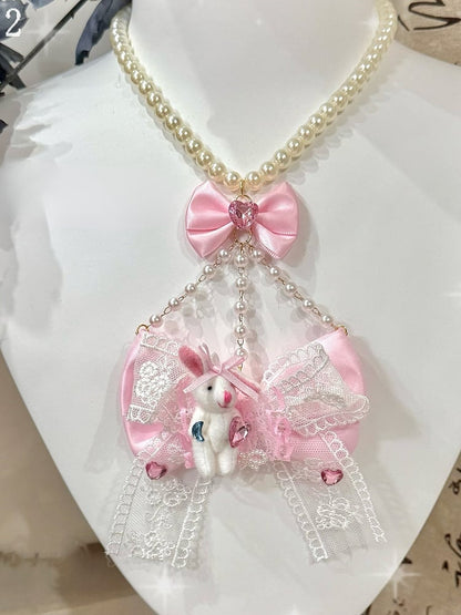 Rhinestone Necklace Plush Bunny 2 And Pendant Heart Bowknot Decorated Beaded Options