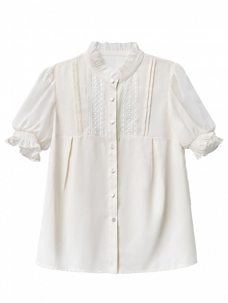 Beige Chiffon Puff-Sleeve Blouse with Ruffle Neckline - Walnut JK
