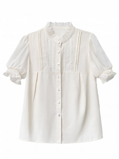 Beige Chiffon Puff-Sleeve Blouse with Ruffle Neckline - Walnut JK