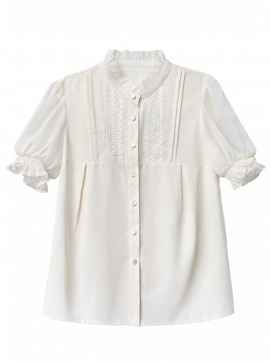 Beige Chiffon Puff-Sleeve Blouse with Ruffle Neckline - Walnut JK