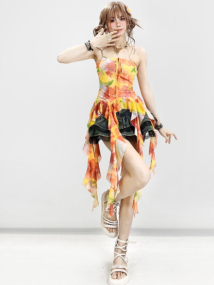 プリントトップ ラッフルアクセント オレンジチューブ ホリデーフローラルカスケーディング