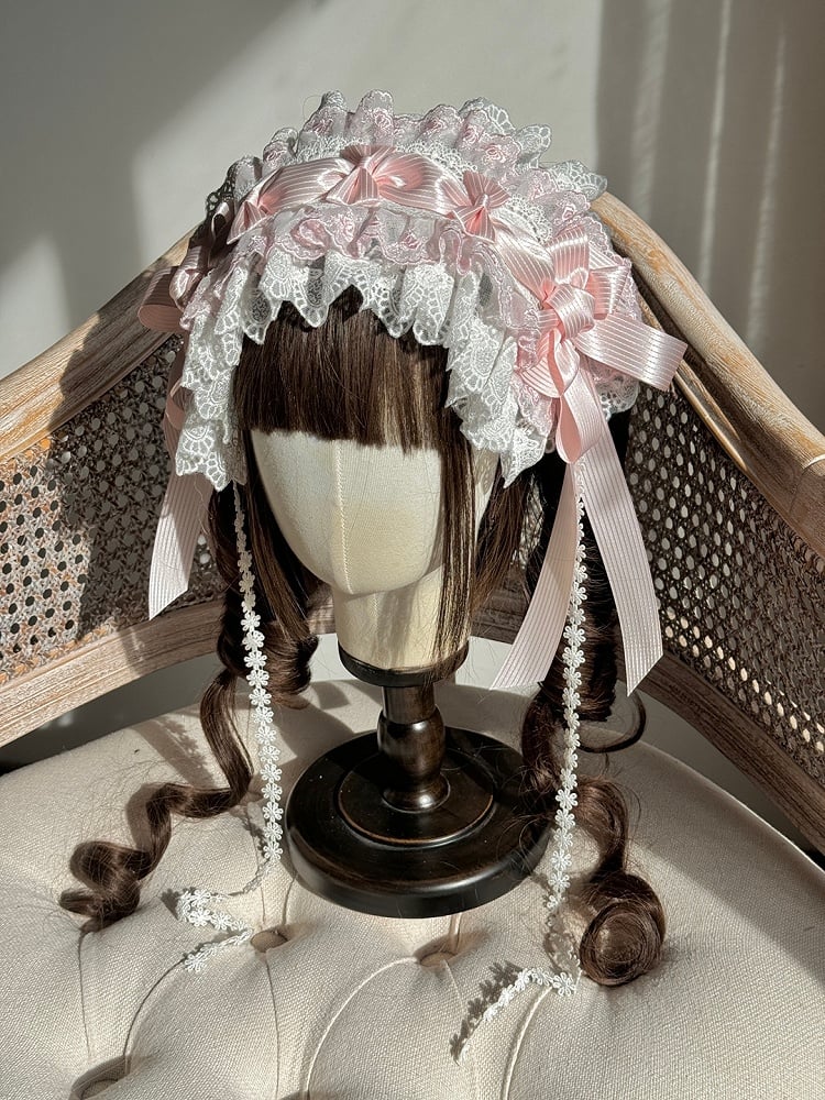 Hairband Lolita White Lace with Floral Bows Pink Ruffled and Drops