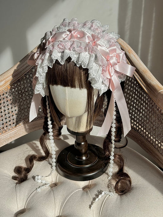 Hairband Lolita White Lace with Floral Bows Pink Ruffled and Drops