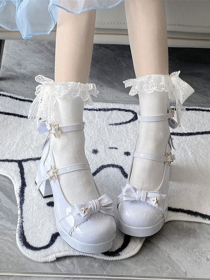 Star in Elegant Lolita High Blue Light 8cm - Accents Block Details Heels Bow
