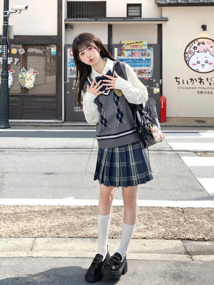 Style 42CM/45CM/48CM/56CM/65CM JK Uniform Pleated Skirt Navy Blue Plaid Preppy