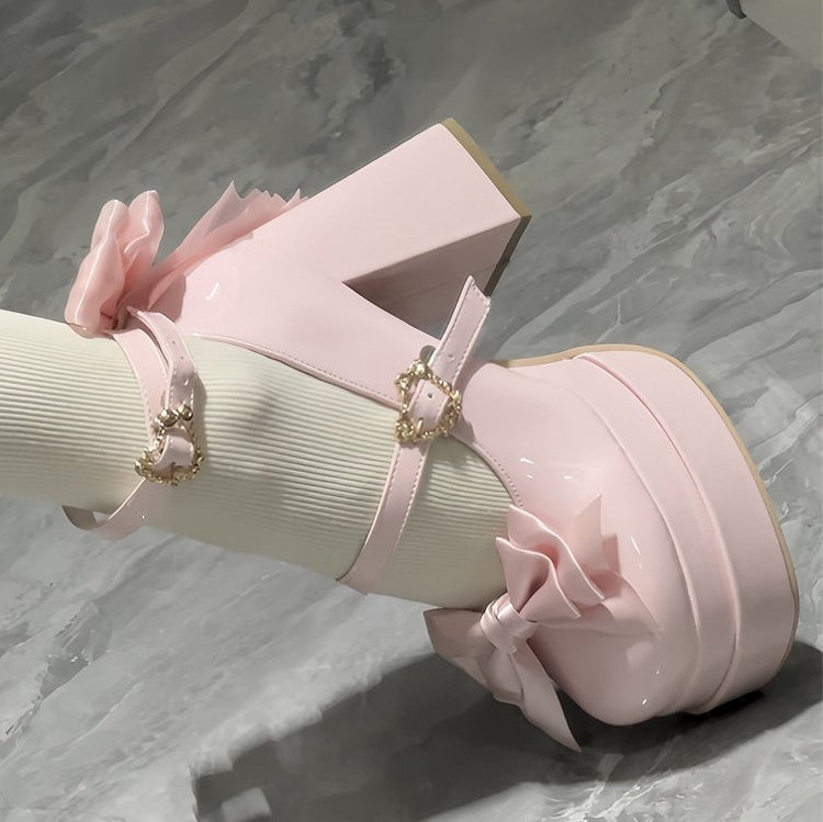 Top Heels Toe Bow at Pink Round High Block Sweet Platform Light Lolita Design with