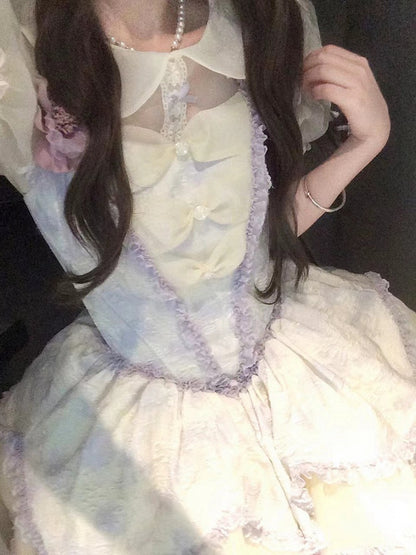 Lolita Layered Skirt Purple Floral-Print Trimmings and Princess Lace Jumper with Ruffles