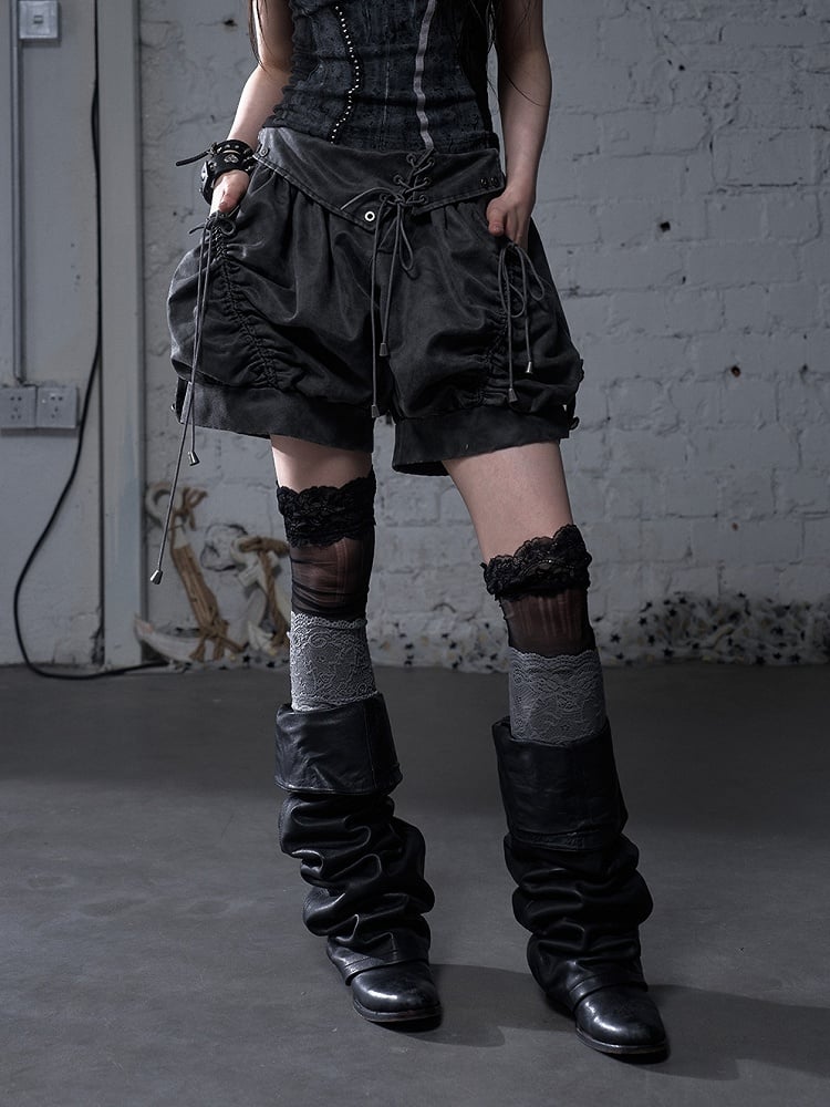Dark Foldover Waist Faded Wash Vintage Schnürung Grau