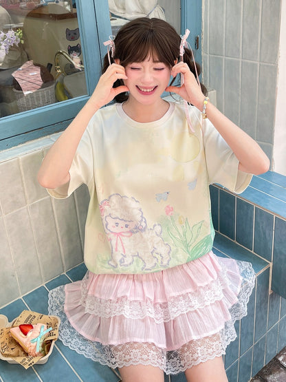 T-Shirt Hellgrün Rundhals Graffiti Lamm Print Lose