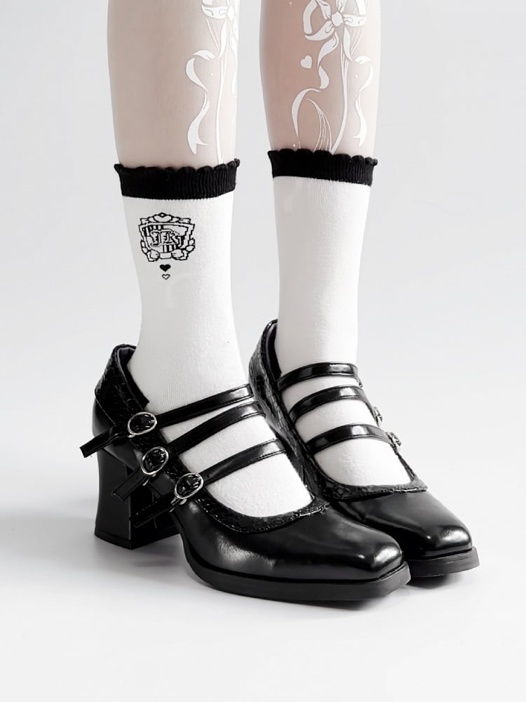 Snakeskin Gothic Lolita Black 6.5cm Buckles Block 3 Pattern with Heels