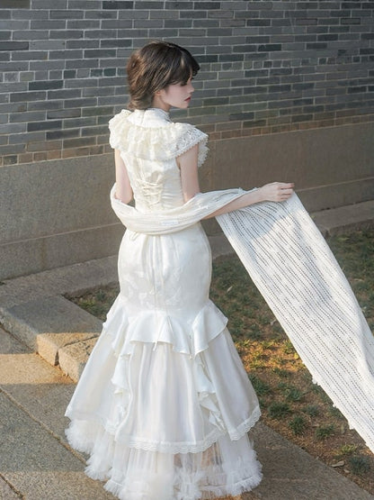 Trim Qi Jacquard Kleid Meerjungfrau Kragen Lolita Rüschen Cascading Butterfly Qipao