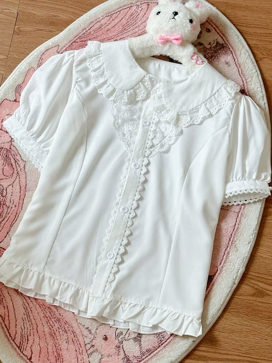 袖付きカラーショート丈ホワイトピーターパフパンシャツ