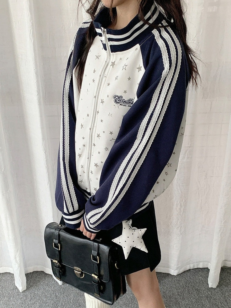 White Dark Blue Striped Star Print Jacket - Solkatt