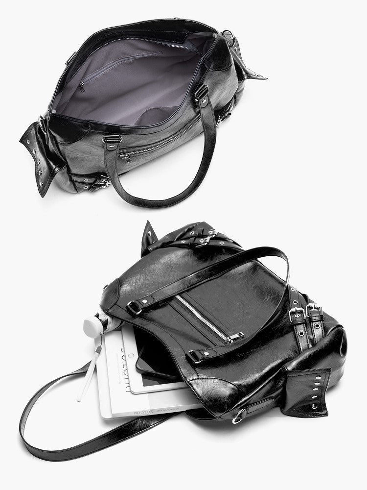 Bag Capacity Studded Tote With Strap AccentsLarge Black Buckle
