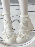 Weiße Lolita-Schuhe mit Schleife, Patch, Blockabsatz und Spitze, Herz-Rüschen, mehrlagig, 6 cm