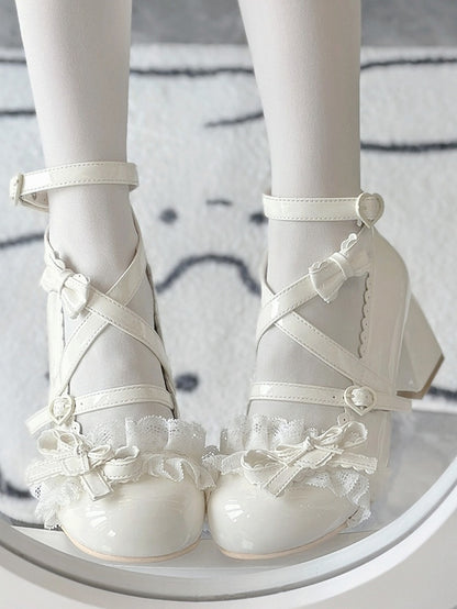 White Bow Patch Block Lace Heels Heart Ruffles Top Lolita Shoes Layered 6cm