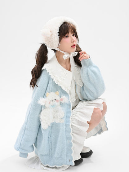 ゆめかわいいブルーのハート型ボタンカーディガン（ラムのぬいぐるみ付き）