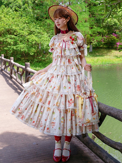 ショートパフェフルーツトップスリーブサマープリントクリーム