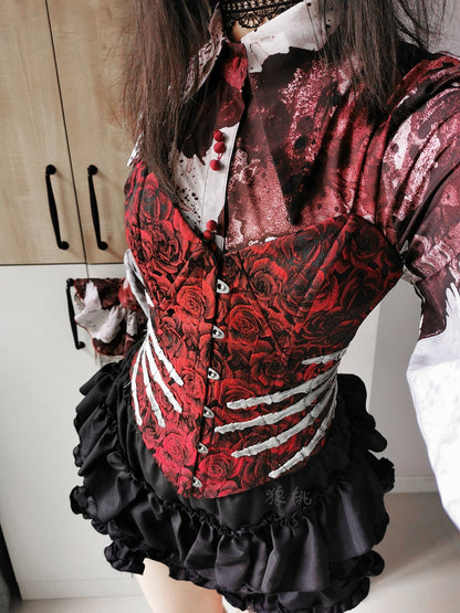 Red Rose Jacquard Gothic Corset with Skeleton Embroidery - The Morbid Observatory