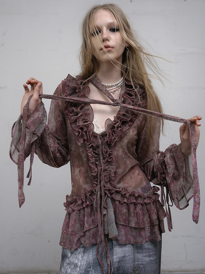 Pattern Ruffles Leopard Trim Sleeves Bell Shirt Purple