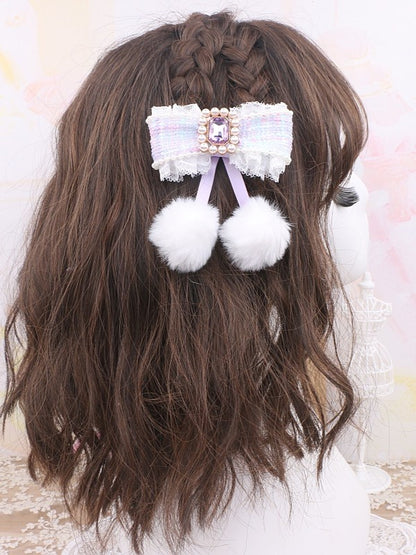 Tweed 5 Color Options With Hairclip Rhinestone Bowknot Jirai Pom-Poms Kei