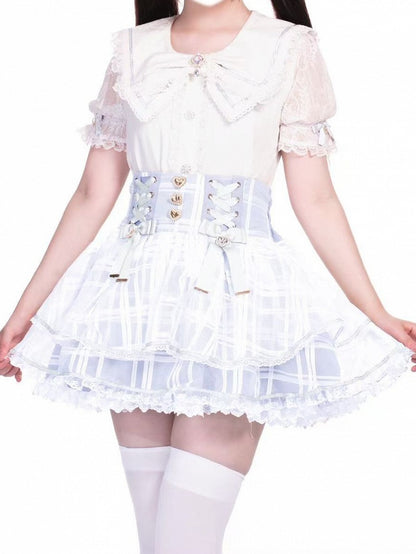 with High in Kei Triple-Layer Organza Blue Plaid Jirai Light Lace-up Waist Skirt