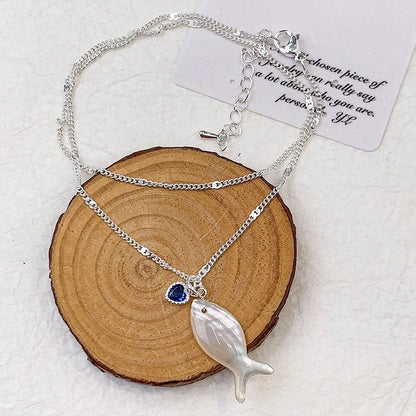 Y2K Necklace Blue/White Fish Heart And Bittersweet Rhinestone Pendant