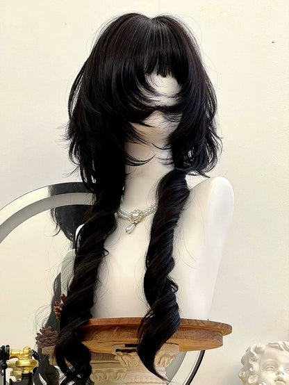 Black 72cm Roman Curly Full Bangs Wig - Alice Garden