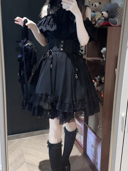 Jirai Kei Black Lace Cutout Short Sleeve Blouse with Bow Detail - YoshiKi
