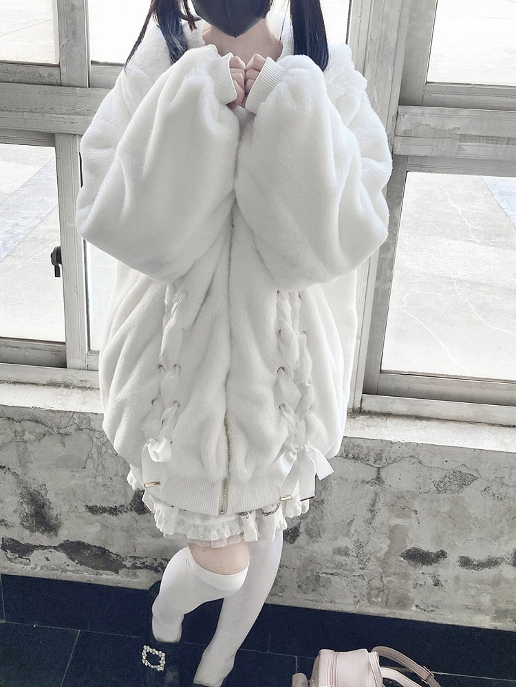Coat Bow with Jirai Bunny-Ear Plush Hood Kei Lace-Up White