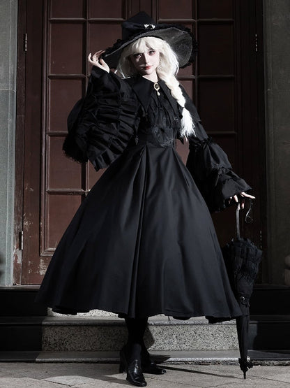 Lolita Bell Pointed Clearance-Size Long M Bust 90CM Gothic Witchy Sleeves Dress Collar Black for