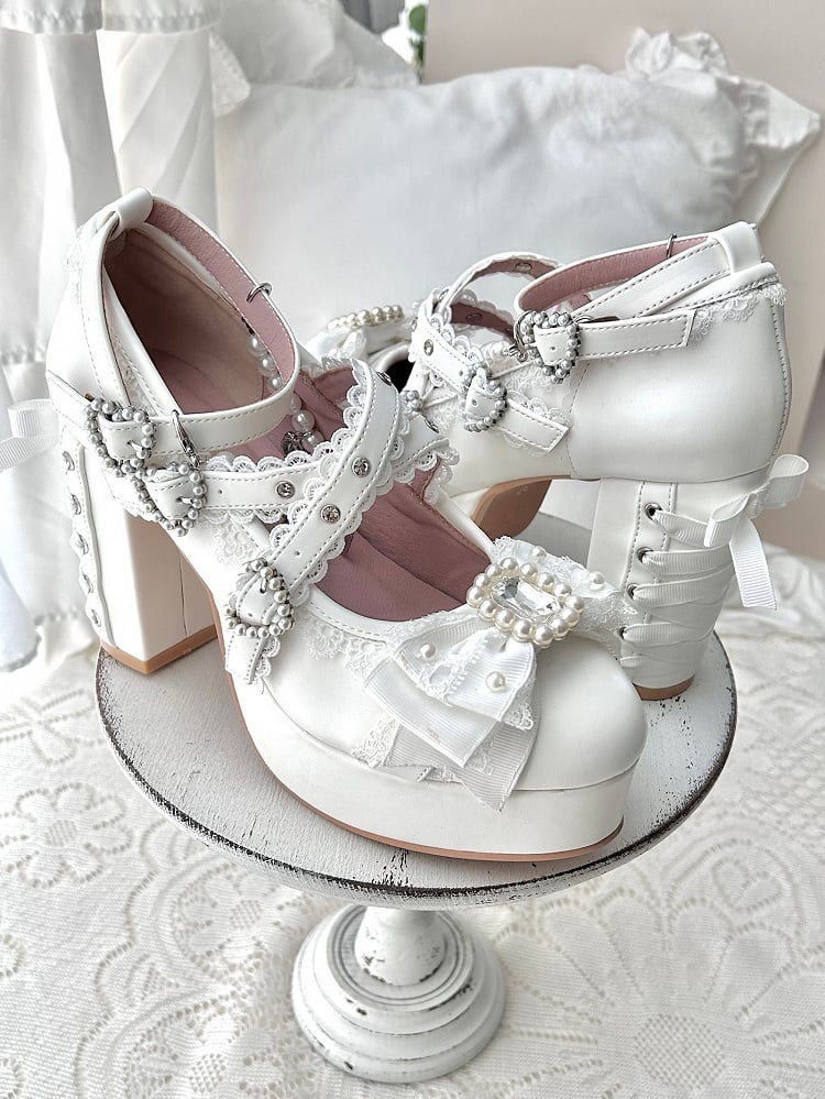 White Platform Mary Jane Shoes with Bow & Rhinestone - Sheep Puff