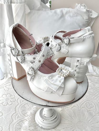 White Platform Mary Jane Shoes with Bow & Rhinestone - Sheep Puff
