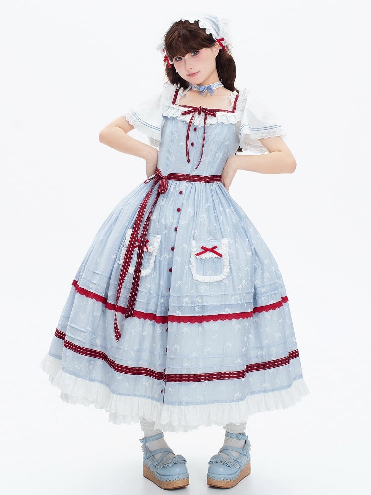 Placket Plus Available Bows Lolita Small Sizes and JSK Button Front Classic Fabric Blue Red
