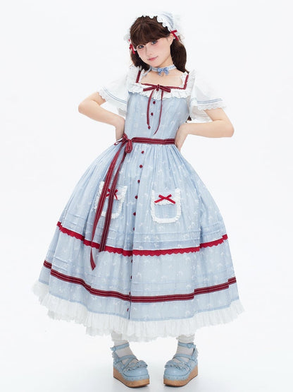Placket Plus Available Bows Lolita Small Sizes and JSK Button Front Classic Fabric Blue Red