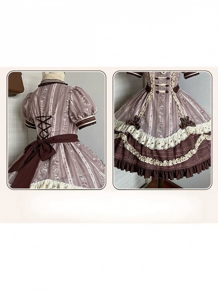 Chocolate Short Sleeve Lolita OP Dress with Lace - Lineall Cat