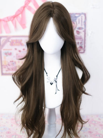 Braune, hüftlange, gewellte Perücke mit Vorhangpony, 65–70 cm