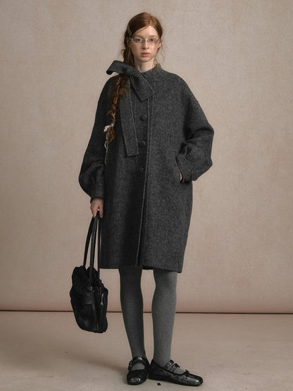 Gray Beige/Dark Vintage-Inspired Long Wool Coat with Front Button Placket and Bow Tie Collar