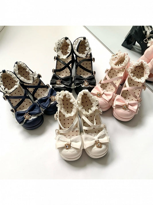 4 Colors 2cm Platform Pendant Detail Lolita Mary Jane Shoes with Bow and Lace Trim - Unmissable Berry