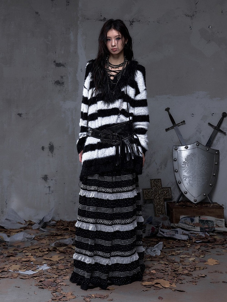 White with Striped Vintage Long Black Lacing Punk Crisscross Mink Distressed Collar Sweater Faux