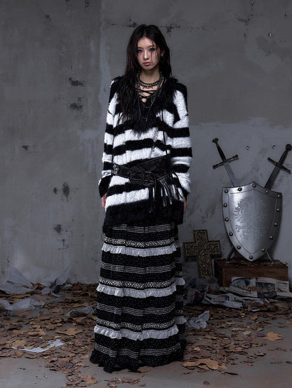 White with Striped Vintage Long Black Lacing Punk Crisscross Mink Distressed Collar Sweater Faux