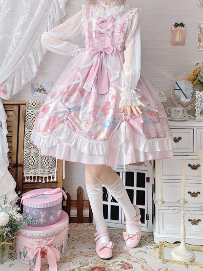 with JSK Dress Lolita Train Floral Pink Tulle Bunny Print Sheer