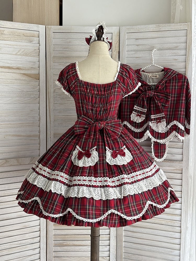 with Lolita Scalloped and Dress Puff Trim Bow Accents Sweet Plaid Edge Sleeves Red