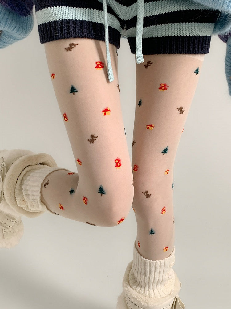 Pantyhose Tree Pattern Cartoon Sheer Christmas