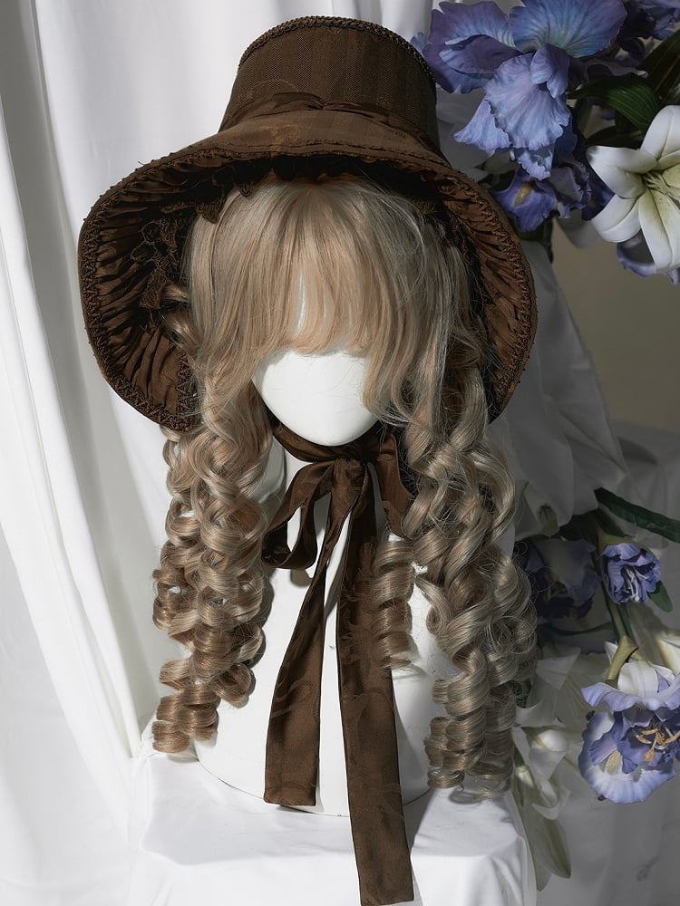 und Motorhaubenschleife mit Besatz, breitkrempiges Lolita-Spitzendetail, Schwarz/Grau/Braun