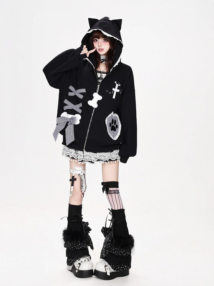 Kawaii Ruffled Kitty-Ear Hooded Jacket with Bow and Heart Patch in Black - CRAZY GIRL