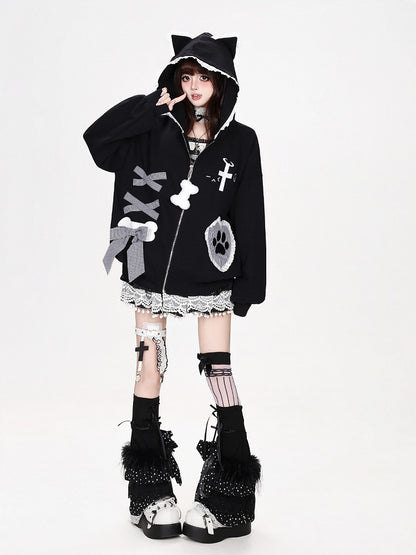 Kawaii Ruffled Kitty-Ear Hooded Jacket with Bow and Heart Patch in Black - CRAZY GIRL